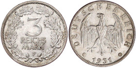 Weimarer Republik

Kursmünzen

3 Reichsmark, Silber 1931-1933

1931 F. gutes vorzüglich. Jaeger 349.