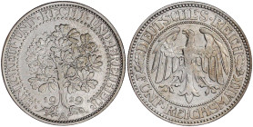 Weimarer Republik

Kursmünzen

5 Reichsmark Eichbaum Silber 1927-1933

1929 A. sehr schön. Jaeger 331.