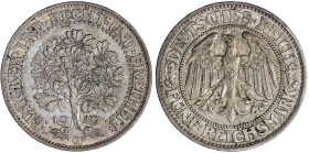 Weimarer Republik

Kursmünzen

5 Reichsmark Eichbaum Silber 1927-1933

1929 G. gutes sehr schön. Jaeger 331.