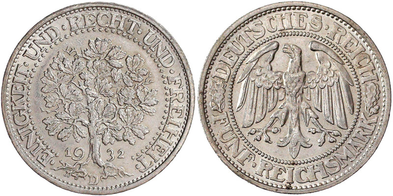 Weimarer Republik

Kursmünzen

5 Reichsmark Eichbaum Silber 1927-1933

193...