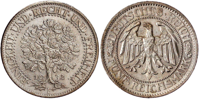 Weimarer Republik

Kursmünzen

5 Reichsmark Eichbaum Silber 1927-1933

193...