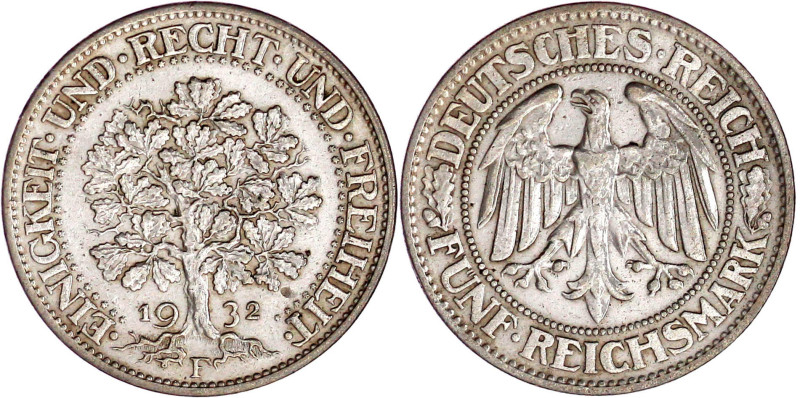 Weimarer Republik

Kursmünzen

5 Reichsmark Eichbaum Silber 1927-1933

193...