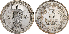 Weimarer Republik

Gedenkmünzen

3 Reichsmark Rheinlande

1925 A. Polierte Platte, etwas Belag und kl. Kratzer. Jaeger 321.