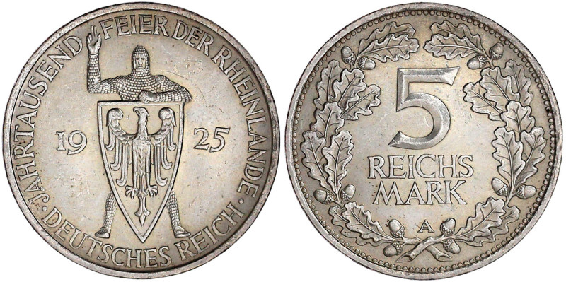Weimarer Republik

Gedenkmünzen

5 Reichsmark Rheinlande

1925 A. gutes vo...