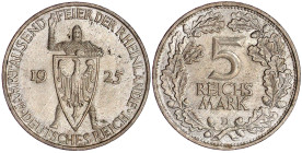 Weimarer Republik

Gedenkmünzen

5 Reichsmark Rheinlande

1925 D. vorzüglich/Stempelglanz. Jaeger 322.