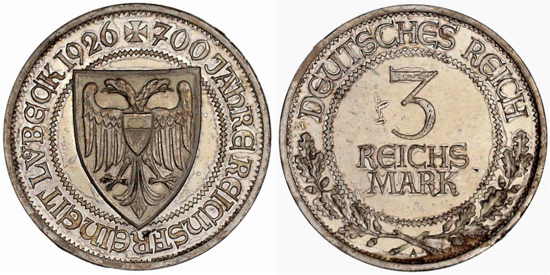 Weimarer Republik

Gedenkmünzen

3 Reichsmark Lübeck

1926 A. Polierte Pla...