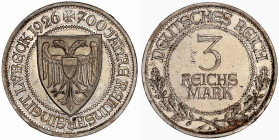 Weimarer Republik

Gedenkmünzen

3 Reichsmark Lübeck

1926 A. Polierte Platte, min. berieben. Jaeger 323.