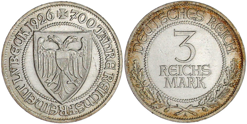 Weimarer Republik

Gedenkmünzen

3 Reichsmark Lübeck

1926 A. vorzüglich/S...