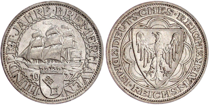 Weimarer Republik

Gedenkmünzen

3 Reichsmark Bremerhaven

1927 A. fast St...