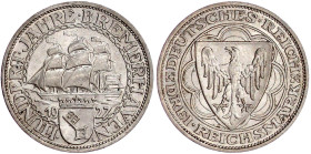 Weimarer Republik

Gedenkmünzen

3 Reichsmark Bremerhaven

1927 A. fast Stempelglanz. Jaeger 325.