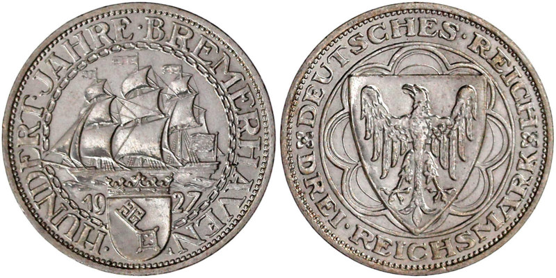 Weimarer Republik

Gedenkmünzen

3 Reichsmark Bremerhaven

1927 A. vorzügl...