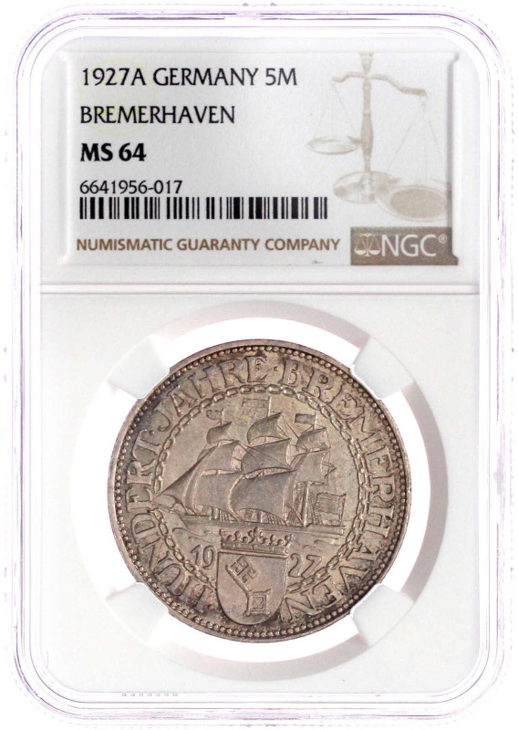 Weimarer Republik

Gedenkmünzen

5 Reichsmark Bremerhaven

1927 A. Im NGC-...