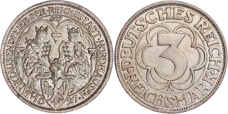 Weimarer Republik

Gedenkmünzen

3 Reichsmark Nordhausen

1927 A. vorzügli...