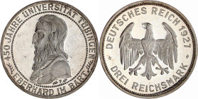 Weimarer Republik

Gedenkmünzen

3 Reichsmark Tübingen

1927 F. Polierte Platte, berieben. Jaeger 328.