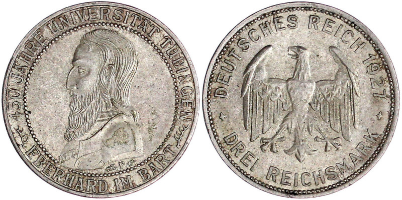 Weimarer Republik

Gedenkmünzen

3 Reichsmark Tübingen

1927 F. vorzüglich...