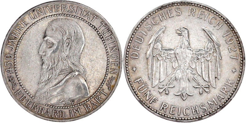 Weimarer Republik

Gedenkmünzen

5 Reichsmark Tübingen

1927 F. sehr schön...
