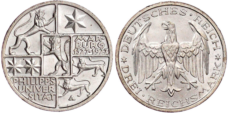 Weimarer Republik

Gedenkmünzen

3 Reichsmark Marburg

1927 A. fast Stempe...