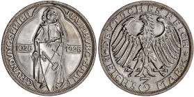 Weimarer Republik

Gedenkmünzen

3 Reichsmark Naumburg/Saale

1928 A. vorzüglich, min. Schrötlingsfehler am Rand. Jaeger 333.