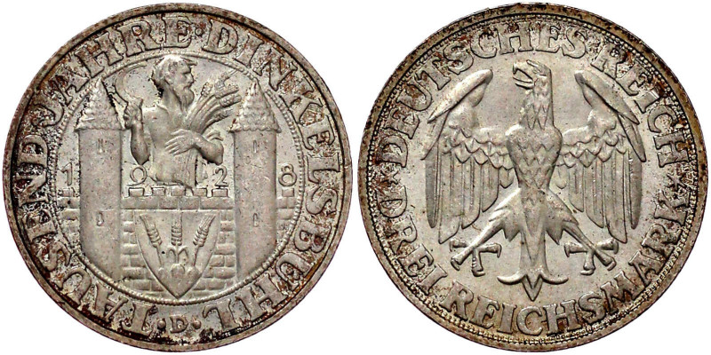 Weimarer Republik

Gedenkmünzen

3 Reichsmark Dinkelsbühl

1928 D. vorzügl...