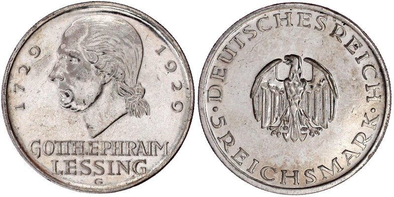 Weimarer Republik

Gedenkmünzen

5 Reichsmark Lessing

1929 G. sehr schön/...