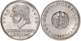 Weimarer Republik

Gedenkmünzen

5 Reichsmark Lessing

1929 G. sehr schön/vorzüglich, berieben. Jaeger 336.