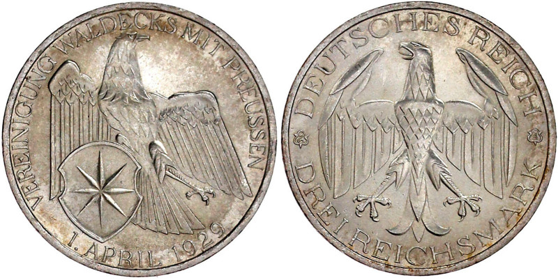 Weimarer Republik

Gedenkmünzen

3 Reichsmark Waldeck

1929 A. vorzüglich/...