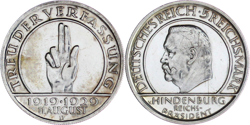 Weimarer Republik

Gedenkmünzen

5 Reichsmark Schwurhand

1929 D. Polierte...