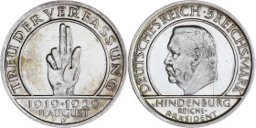 Weimarer Republik

Gedenkmünzen

5 Reichsmark Schwurhand

1929 D. Polierte Platte, leicht berieben. Jaeger 341.