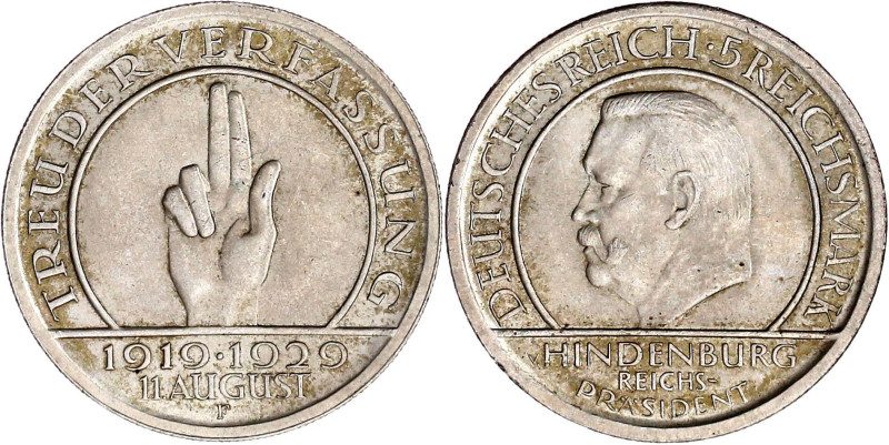 Weimarer Republik

Gedenkmünzen

5 Reichsmark Schwurhand

1929 F. vorzügli...