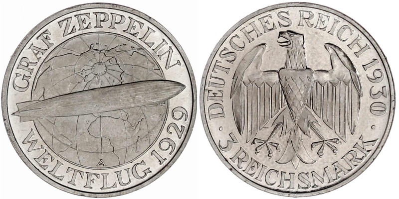 Weimarer Republik

Gedenkmünzen

3 Reichsmark Zeppelin

1930 A. Polierte P...