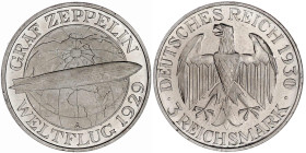 Weimarer Republik

Gedenkmünzen

3 Reichsmark Zeppelin

1930 A. Polierte Platte, winz. Randfehler, min. berieben. Jaeger 342.