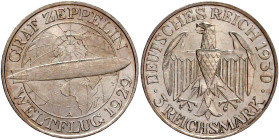 Weimarer Republik

Gedenkmünzen

3 Reichsmark Zeppelin

1930 A. fast Stempelglanz. Jaeger 342.
