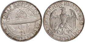 Weimarer Republik

Gedenkmünzen

3 Reichsmark Zeppelin

1930 D. vorzüglich/Stempelglanz. Jaeger 342.
