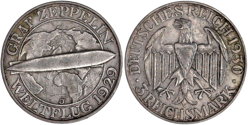 Weimarer Republik

Gedenkmünzen

3 Reichsmark Zeppelin

1930 J. sehr schön...