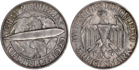 Weimarer Republik

Gedenkmünzen

3 Reichsmark Zeppelin

1930 J. sehr schön. Jaeger 342.