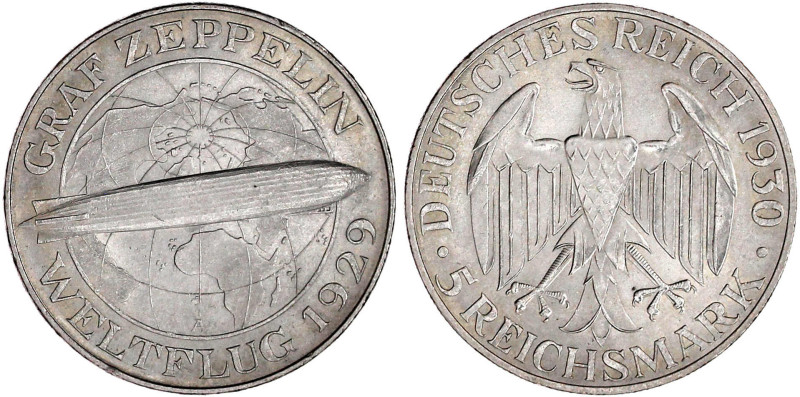 Weimarer Republik

Gedenkmünzen

5 Reichsmark Zeppelin

1930 A. vorzüglich...