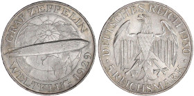 Weimarer Republik

Gedenkmünzen

5 Reichsmark Zeppelin

1930 A. vorzüglich. Jaeger 343.