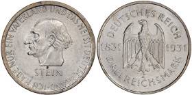 Weimarer Republik

Gedenkmünzen

3 Reichsmark Stein Reichsfreiherr

1931 A. vorzüglich/Stempelglanz. Jaeger 348.