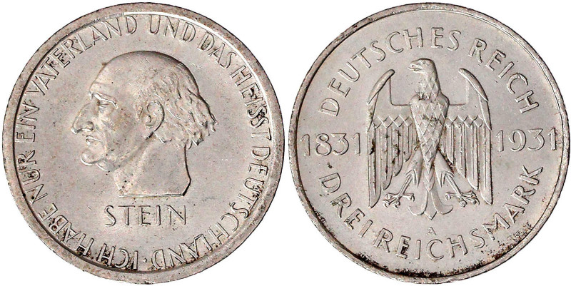 Weimarer Republik

Gedenkmünzen

3 Reichsmark Stein Reichsfreiherr

1931 A...