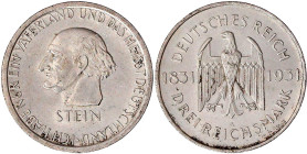 Weimarer Republik

Gedenkmünzen

3 Reichsmark Stein Reichsfreiherr

1931 A. vorzüglich/Stempelglanz. Jaeger 348.