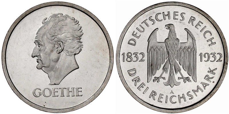 Weimarer Republik

Gedenkmünzen

3 Reichsmark Goethe

1932 A. Polierte Pla...