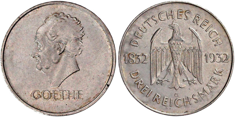Weimarer Republik

Gedenkmünzen

3 Reichsmark Goethe

1932 G. vorzüglich. ...