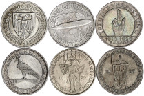 Weimarer Republik

Lots

6 versch. 3 RM-Gedenkmünzen: Rheinlande A, Lübeck, Meissen, Zeppelin A, Rheinstrom A, Schwurhand A. vorzüglich