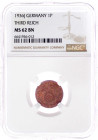 Drittes Reich

Klein/- und Kursmünzen

1 Reichspfennig Hakenkreuz, Kupfer 1936-1940

1936 J. Im NGC-Blister mit Grading MS 62 BN. Stempelglanz/v...