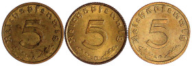 Drittes Reich

Klein/- und Kursmünzen

5 Reichspfennig, messingf. 1936-1939

3 Stück: 1936 A, D, G. sehr schön bis vorzüglich. Jaeger 363 (3)....