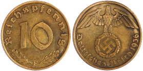 Drittes Reich

Klein/- und Kursmünzen

10 Reichspfennig Hakenkr., messingf. 1936-1939

1936 E. sehr schön, selten. Jaeger 364.
