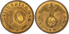 Drittes Reich

Klein/- und Kursmünzen

10 Reichspfennig Hakenkr., messingf. 1936-1939

1936 G. vorzüglich/Stempelglanz, selten. Jaeger 364.
