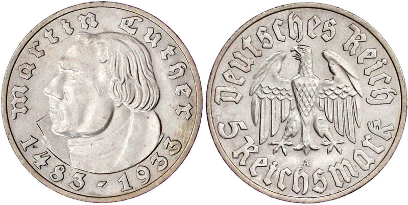 Drittes Reich

Gedenkmünzen

5 Reichsmark Luther

1933 A. vorzüglich/Stemp...