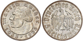 Drittes Reich

Gedenkmünzen

5 Reichsmark Luther

1933 E. vorzüglich, kl. Kratzer. Jaeger 353.