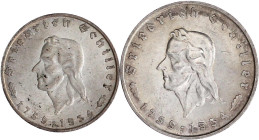 Drittes Reich

Gedenkmünzen

5 Reichsmark Schiller

2 Stück: 2 und 5 RM 1934 F. beide vorzüglich/Stempelglanz. Jaeger 358,359.